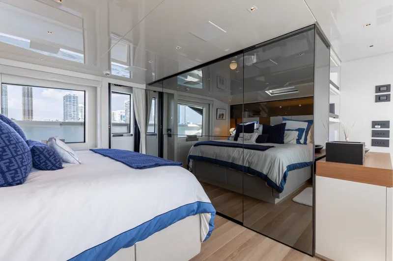 Slide: The Image of Luxurious bedroom interior on 2024 Sanlorenzo SL90A yacht with modern design and city view. - 55