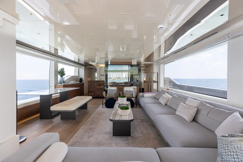 Slide: The Image of Luxurious interior of 2024 Sanlorenzo SL90A yacht with modern furnishings and ocean view. - 31