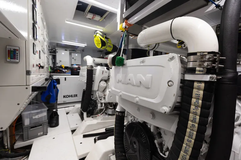 Slide: The Image of Engine room of 2024 Sanlorenzo SL90A yacht featuring MAN and Kohler equipment. - 106