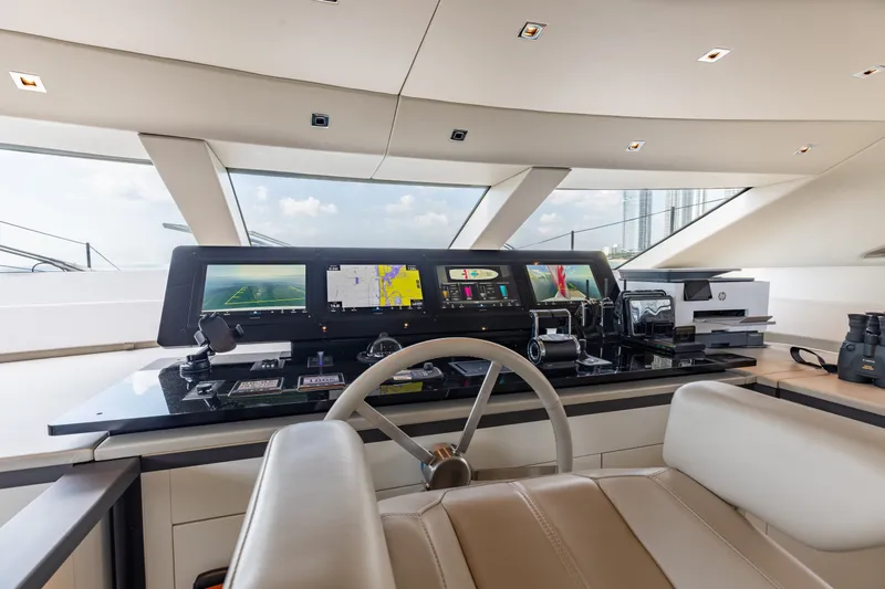 Slide: The Image of 2024 Sanlorenzo SL90A yacht helm with advanced navigation displays and luxurious seating. - 65