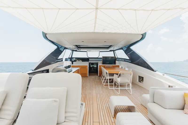 Slide: The Image of Luxurious 2024 Sanlorenzo SL90A yacht deck with elegant seating and ocean view. - 84