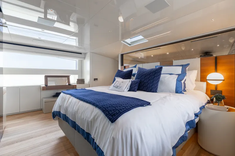 Slide: The Image of Luxurious bedroom interior of 2024 Sanlorenzo SL90A yacht with elegant bedding and modern decor. - 71