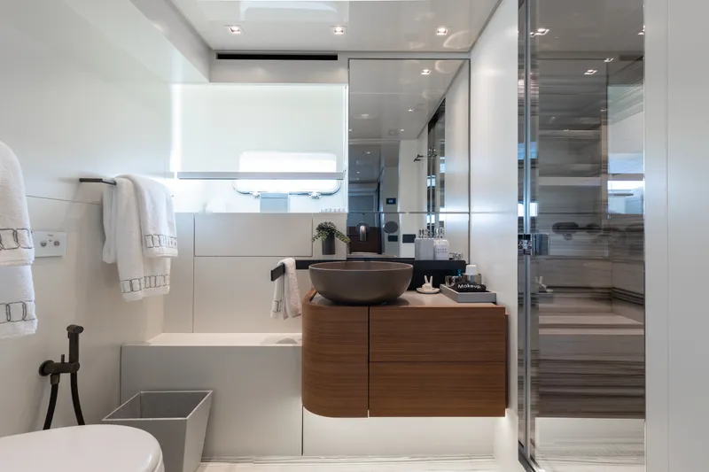 Slide: The Image of Luxurious bathroom interior of 2024 Sanlorenzo SL90A yacht with modern fixtures and elegant design. - 35