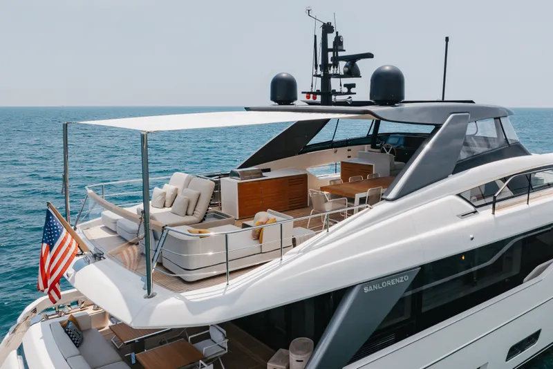 Slide: The Image of Luxurious 2024 Sanlorenzo SL90A yacht with spacious deck and elegant design on open sea. - 9