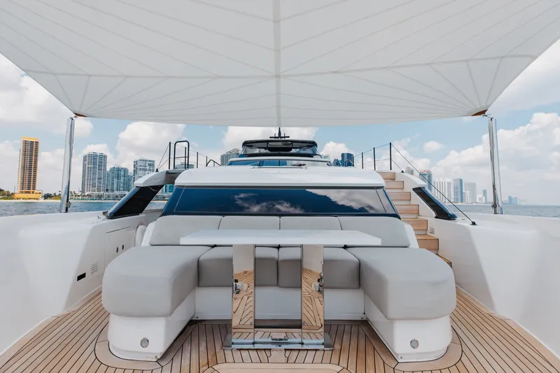 Slide: The Image of Luxurious 2024 Sanlorenzo SL90A yacht deck with modern seating and city skyline view. - 96