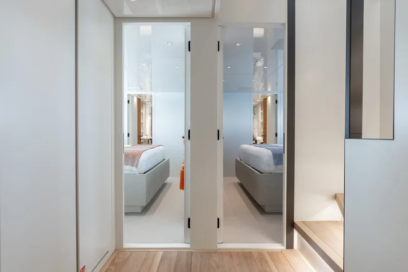 Slide: The Image of Luxurious interior of 2024 Sanlorenzo SL90A yacht featuring modern bedroom design. - 44