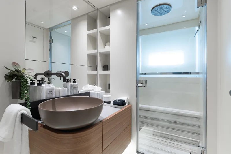 Slide: The Image of Luxurious bathroom in 2024 Sanlorenzo SL90A yacht with modern fixtures and elegant design. - 43