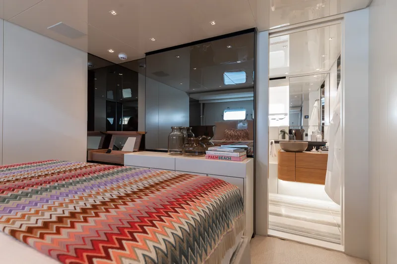 Slide: The Image of Luxurious 2024 Sanlorenzo SL90A yacht bedroom with modern decor and ensuite bathroom. - 47