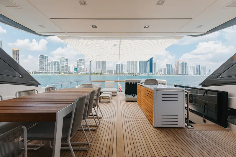 Slide: The Image of Luxurious 2024 Sanlorenzo SL90A yacht deck with city skyline view. - 87