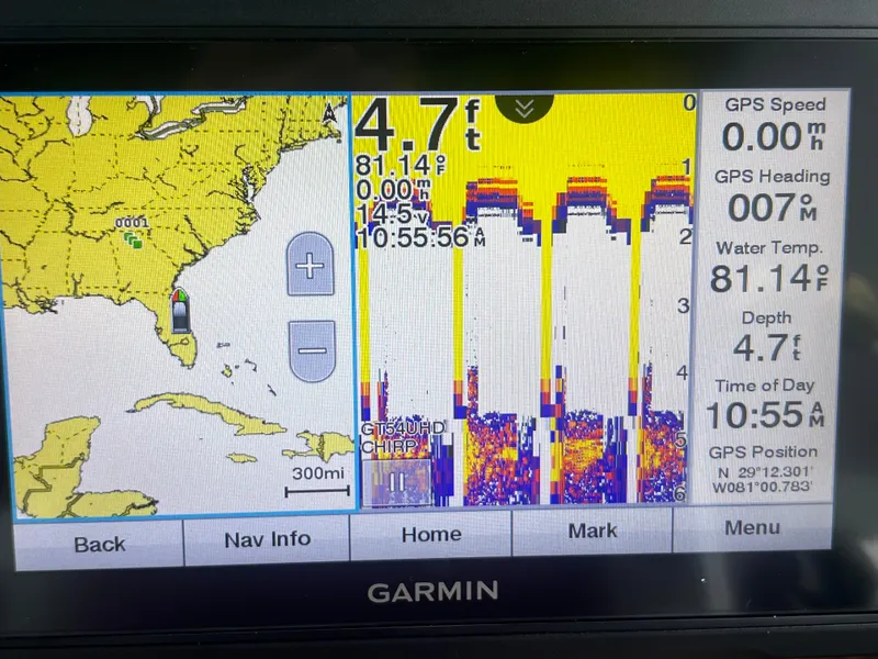 Slide: The Image of Garmin GPS display on 2003 Sea Ray 320 Sundancer showing depth, water temperature, and map. - 24