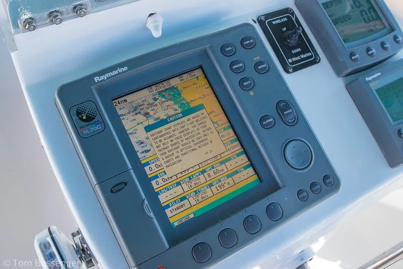 Slide: The Image of Navigation system on a 2005 Beneteau Oceanis 423 sailboat, featuring Raymarine electronics. - 48