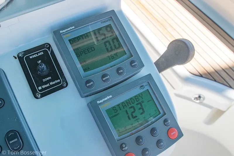 Slide: The Image of Control panel of a 2005 Beneteau Oceanis 423 sailboat with Raymarine instruments. - 49