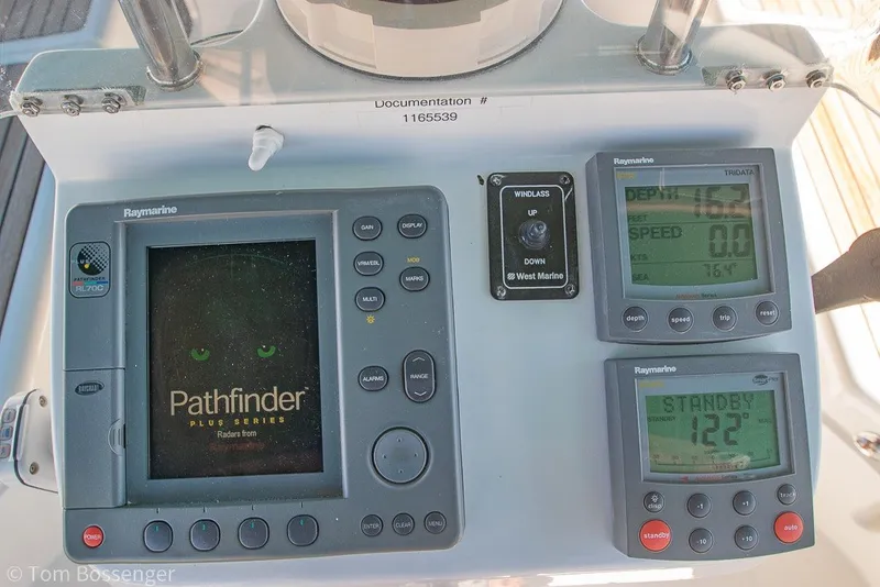 Slide: The Image of Control panel of a 2005 Beneteau Oceanis 423 sailboat with Raymarine navigation instruments. - 39