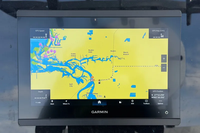 Slide: The Image of Garmin GPS display on 2025 Sea Fox 251 Bay Fox boat, showing navigation map. - 24
