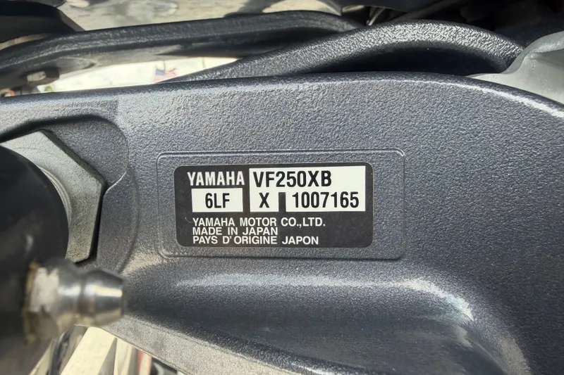 Slide: The Image of Yamaha VF250XB engine label on 2025 Sea Fox 251 Bay Fox boat, made in Japan. - 83