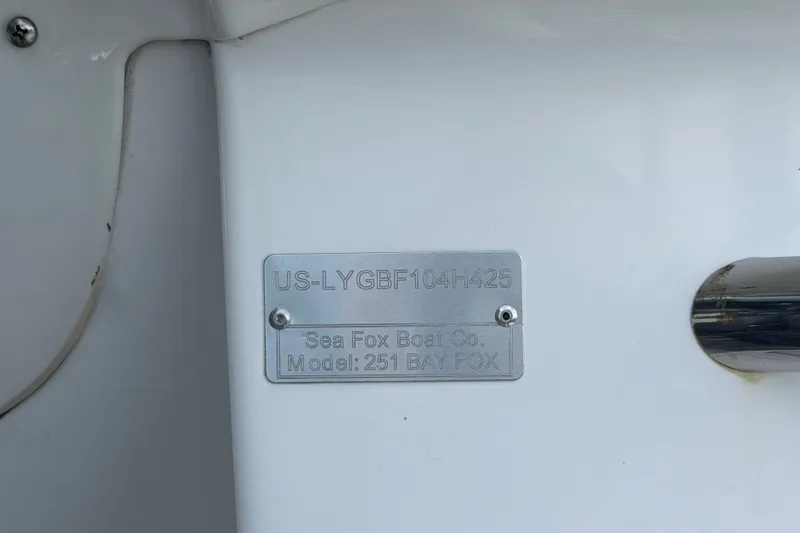 Slide: The Image of Metal identification plate on 2025 Sea Fox 251 Bay Fox boat. - 82