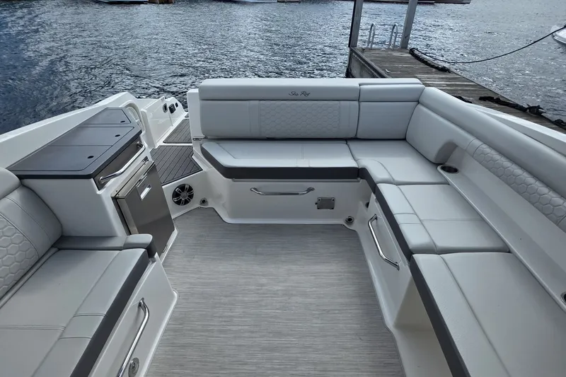 Slide: The Image of 2020 Sea Ray SDX 290 boat interior with luxurious seating and sleek design. - 27