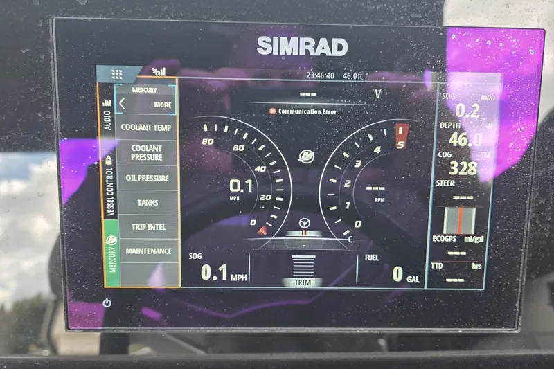 Slide: The Image of Simrad display on 2020 Sea Ray SDX 290 showing speed, depth, and engine metrics. - 30