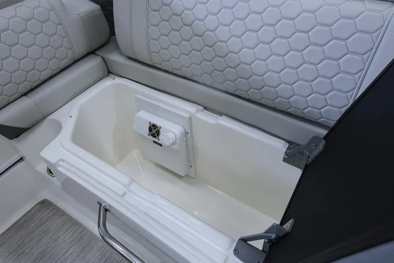 Slide: The Image of Manufacturer Provided Image: 2020 Sea Ray SDX 290 boat storage compartment with cushioned seating. - 2