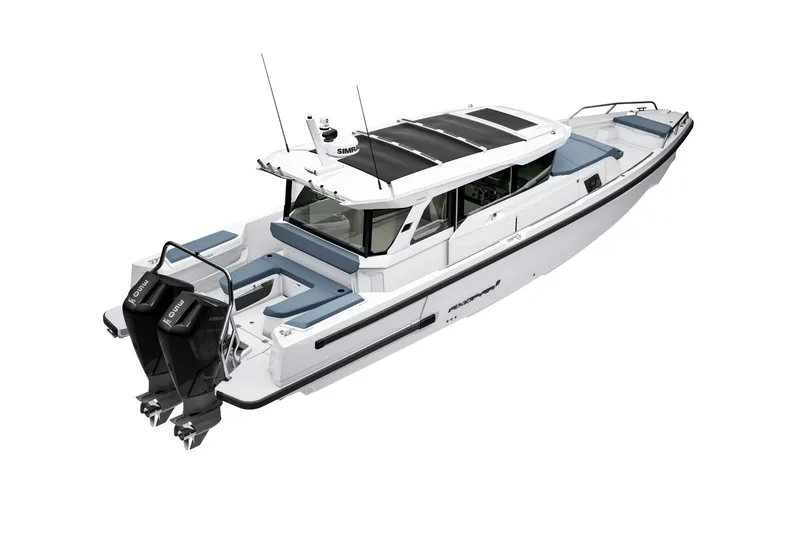 Slide: The Image of 2027 Axopar 38 XC Cross Cabin boat with dual outboard engines, sleek design, and spacious deck. - 6