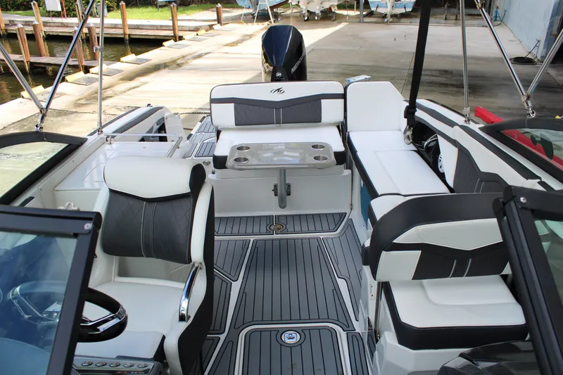 Slide: The Image of 2021 Monterey 255SS Super Sport boat interior with sleek seating and modern design. - 23
