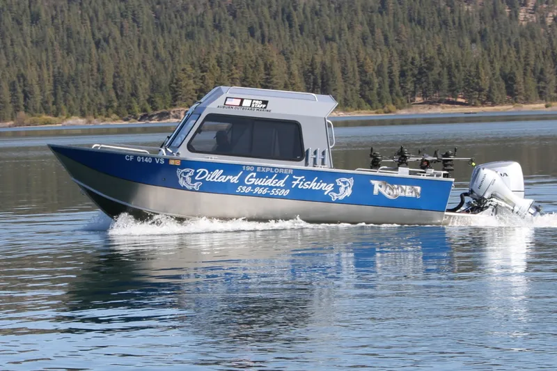 The Image of 2019 Raider 190 Explorer boat on a lake, featuring "Dillard Guided Fishing" branding. - 5