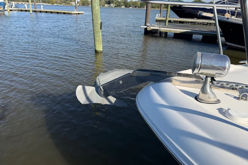 Slide: The Image of 2002 Sea Ray 340 Sundancer boat anchor detail at marina dock. - 6