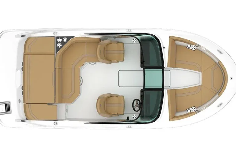 Slide: The Image of Top view of 2025 Bayliner V20i boat interior with tan seating and sleek design. - 3