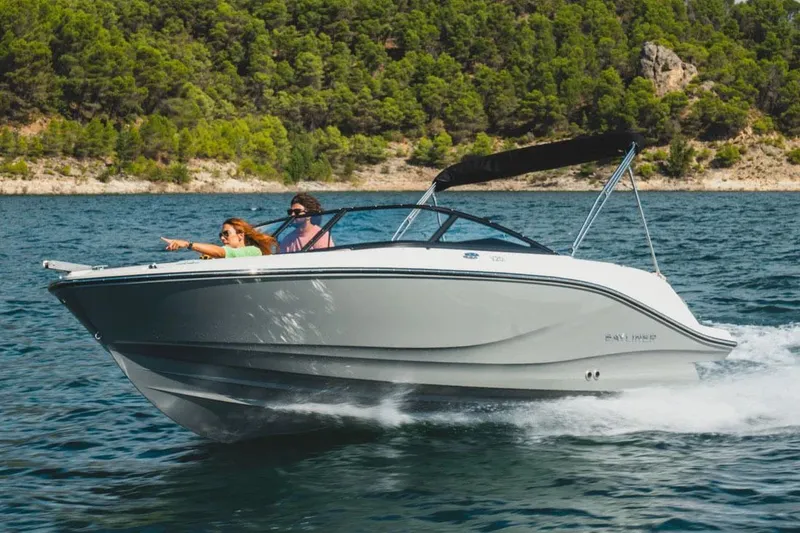 Slide: The Image of Manufacturer Provided Image: 2025 Bayliner V20i boat cruising on a scenic lake with lush green forest backdrop. - 3
