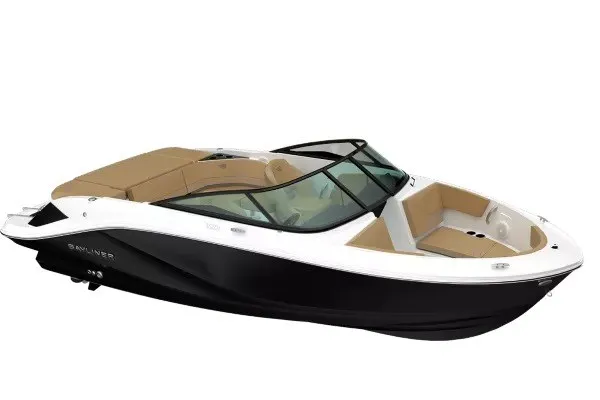 Slide: The Image of 2025 Bayliner V20i boat with sleek black and white design, spacious seating, and modern features. - 2