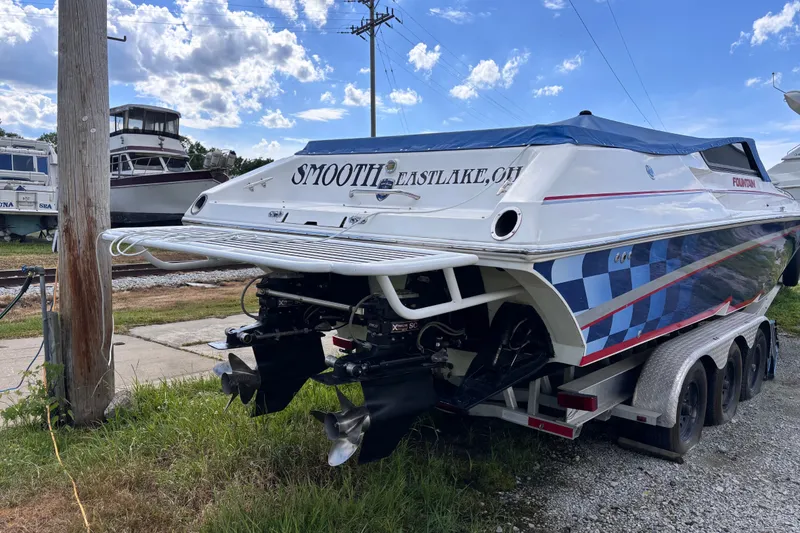 Slide: The Image of 2002 Fountain 35 Lightning speedboat on trailer, Eastlake, Ohio. - 2