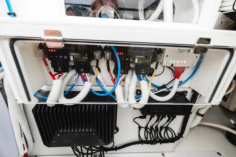Slide: The Image of Electrical system of 2026 HCB 48 Campeón boat with Garmin components and wiring. - 36