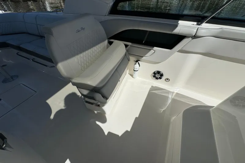 Slide: The Image of The image shows the interior of a Sea Ray SLX 400 Outboard with sleek seating and modern details. - 15