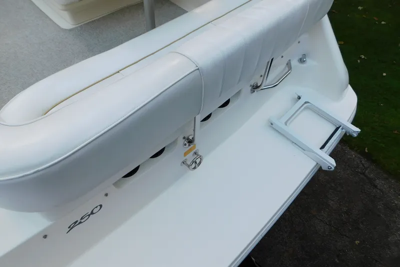 Slide: The Image of 1996 Sea Ray 250 Sundancer boat with white seating and swim platform ladder. - 23