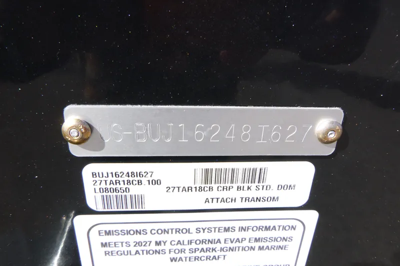 Slide: The Image of Hull identification number on 2027 Tracker Targa V-18 Combo boat with emissions information. - 17