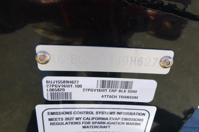 Slide: The Image of Hull identification number on 2027 Tracker Pro Guide V-16 WT boat, showing emissions compliance. - 15