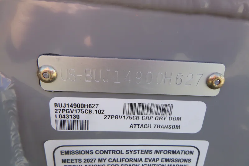 Slide: The Image of 2027 Tracker Pro Guide V-175 Combo hull identification and emissions control labels. - 14