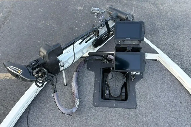 Slide: The Image of Fishing boat control panel with dual screens and foot pedal, Ranger ALPHA 208, 2025 model. - 48