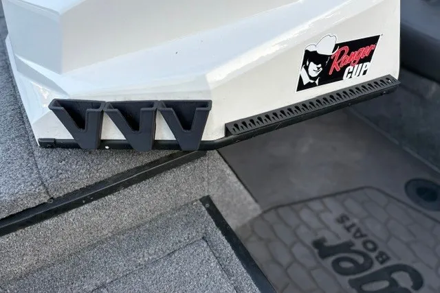 Slide: The Image of 2025 Ranger ALPHA 208 boat detail with Ranger Cup logo and textured flooring. - 49