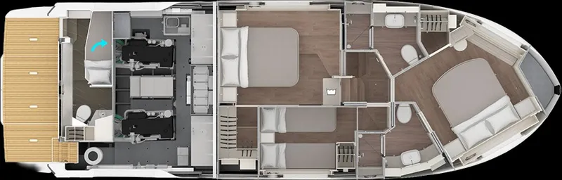 Slide: The Image of Layout of the 2028 Absolute Navetta 50 showing cabins and bathrooms. - 19