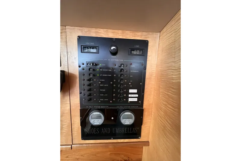 Slide: The Image of Electrical panel in a 1991 Perry 51 boat, featuring voltage and load displays. - 71