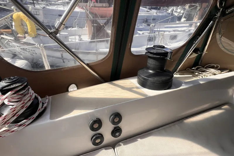 Slide: The Image of Interior view of a 1991 Perry 51 sailboat with winches and ropes. - 35