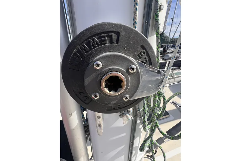 Slide: The Image of Close-up of a Lewmar winch on a 1991 Perry 51 sailboat mast. - 25