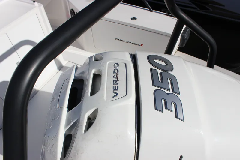 Slide: The Image of 2019 Axopar Brabus 28 Cabin with Verado 350 engine detail. - 2