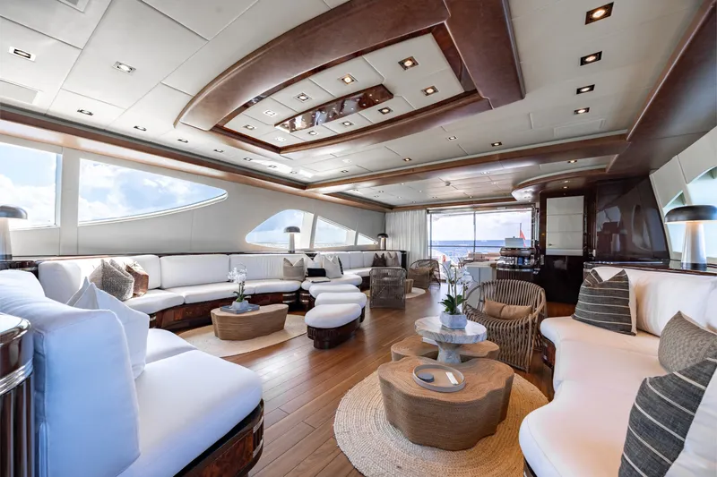 Slide: The Image of Luxurious interior of 2009 Mangusta 165 yacht with elegant seating and modern decor. - 22