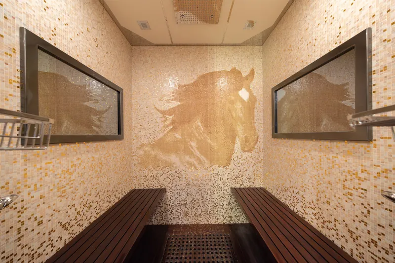 Slide: The Image of Luxurious steam room with horse mosaic, wooden benches, and elegant tile design on Mangusta 165 yacht. - 34