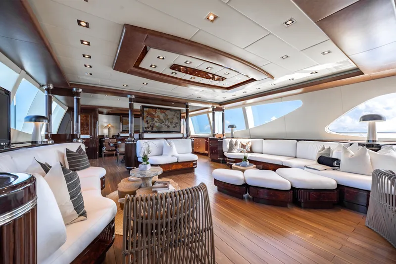 Slide: The Image of Luxurious interior of 2009 Mangusta 165 yacht with elegant seating and modern decor. - 19