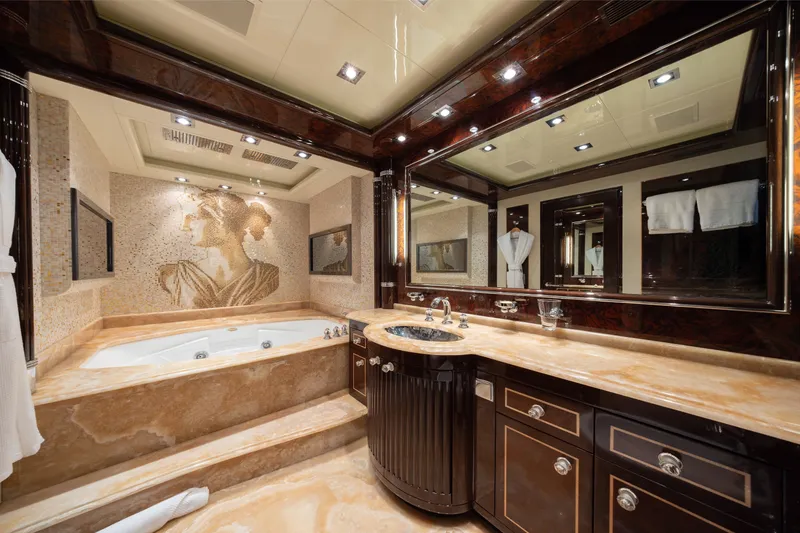 Slide: The Image of Luxurious bathroom on 2009 Mangusta 165 yacht with elegant marble and mosaic artwork. - 31