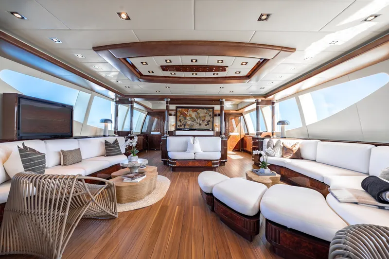 Slide: The Image of Luxurious interior of 2009 Mangusta 165 yacht with elegant seating and modern decor. - 18