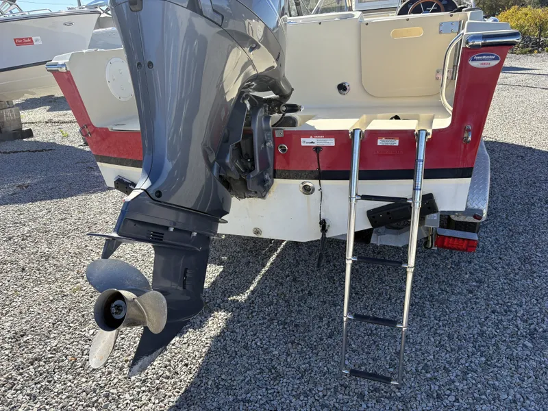 Slide: The Image of The image shows the stern of a 2020 Rossiter 20 boat with an outboard motor and swim ladder. - 12